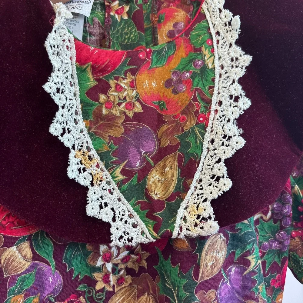 Youngland Traditions‎ Vintage Fruit Print Harvest Dress Girls 8 Burgundy Lace